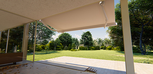 Store Banne ouvert sur terrasse avec jardin
