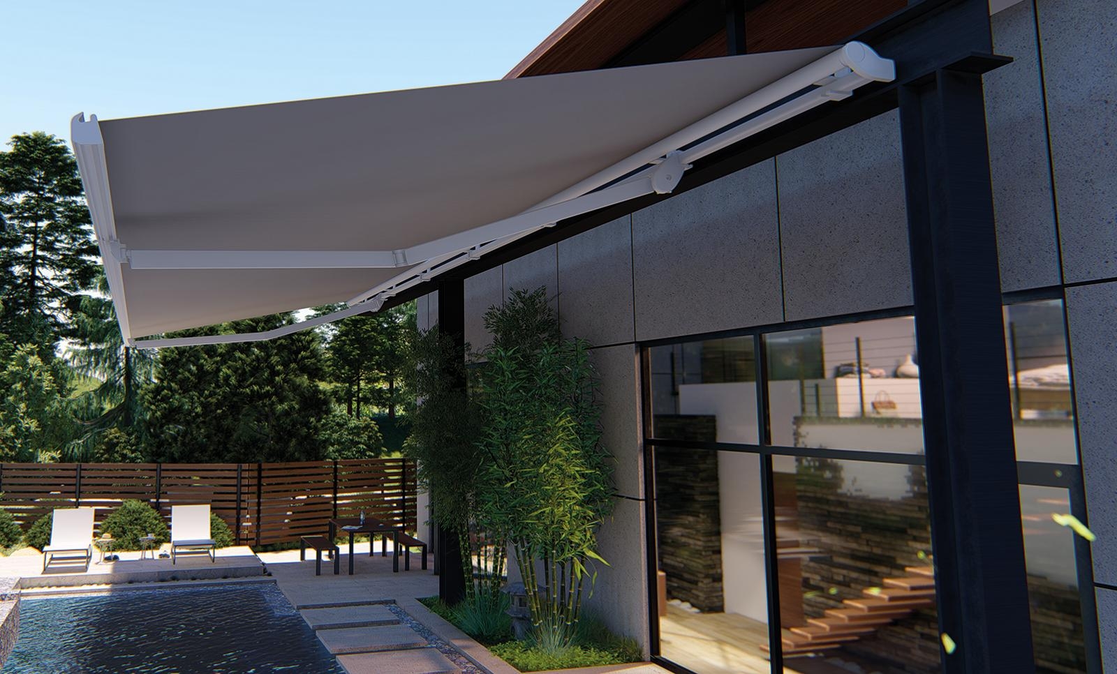 toile de store banne rayée avec lambrequin sur une terrasse