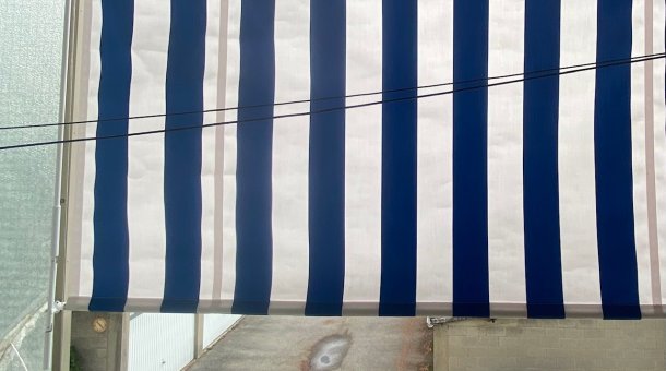 Store vertical Flora avec toile rayée blanc bleu